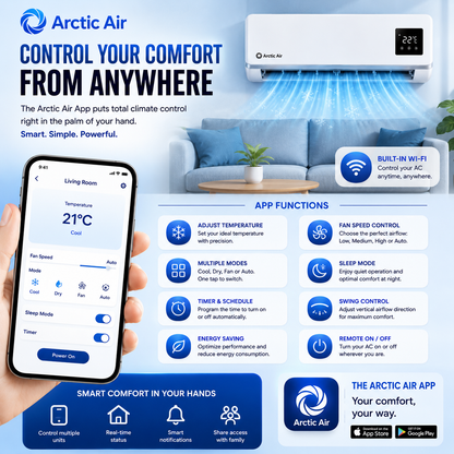 Arctic Air 18.000 BTUS, Dual Inverter, Energy-Efficient, Self-Cleaning, Remote and App Control